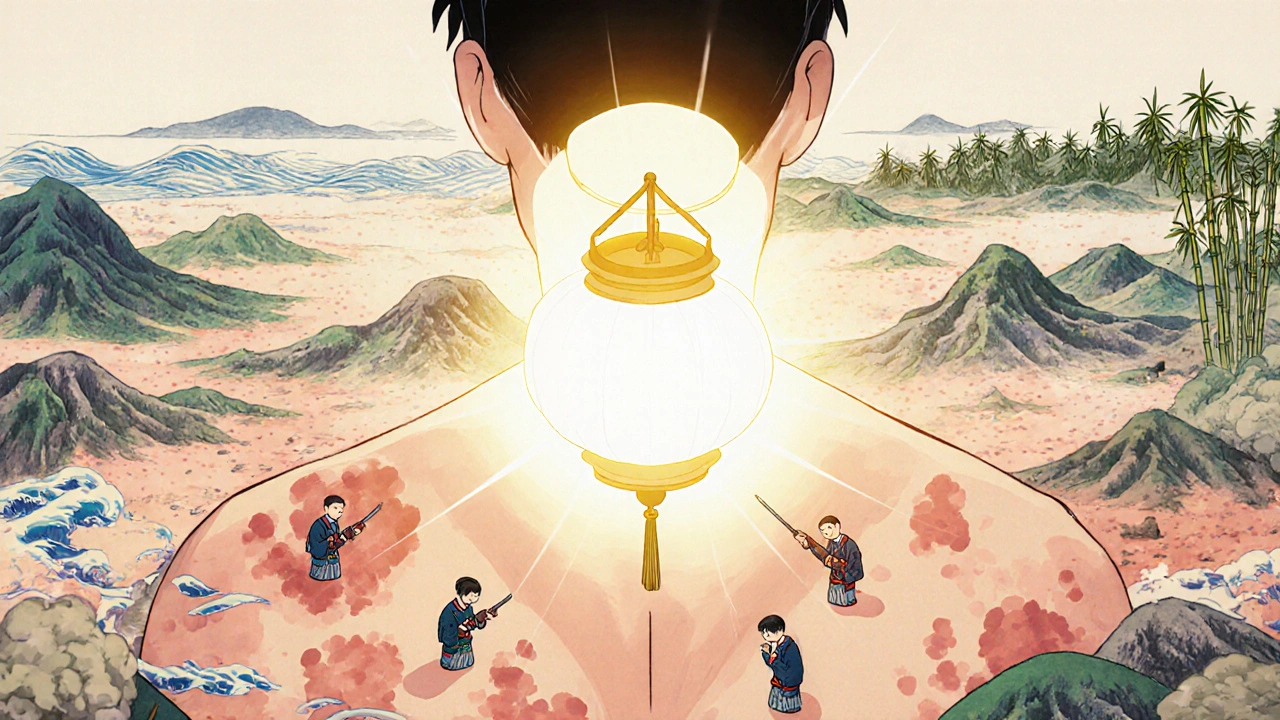 A vitamin D lantern illuminating skin terrain as immune cells surrender and healing begins.