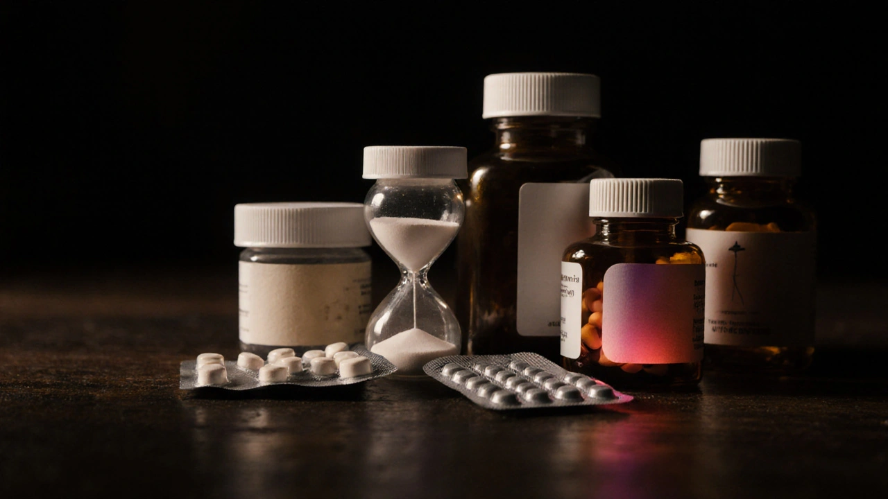 Assorted pill bottles and hourglass on wood, glowing to show onset and sedation.