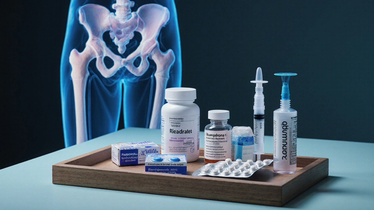 Clinic tray displaying various osteoporosis meds and a 3D femur model.