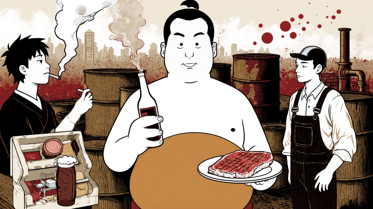Collage of smoking, overweight person with red meat, industrial worker, and polluted city showing risk factors.
