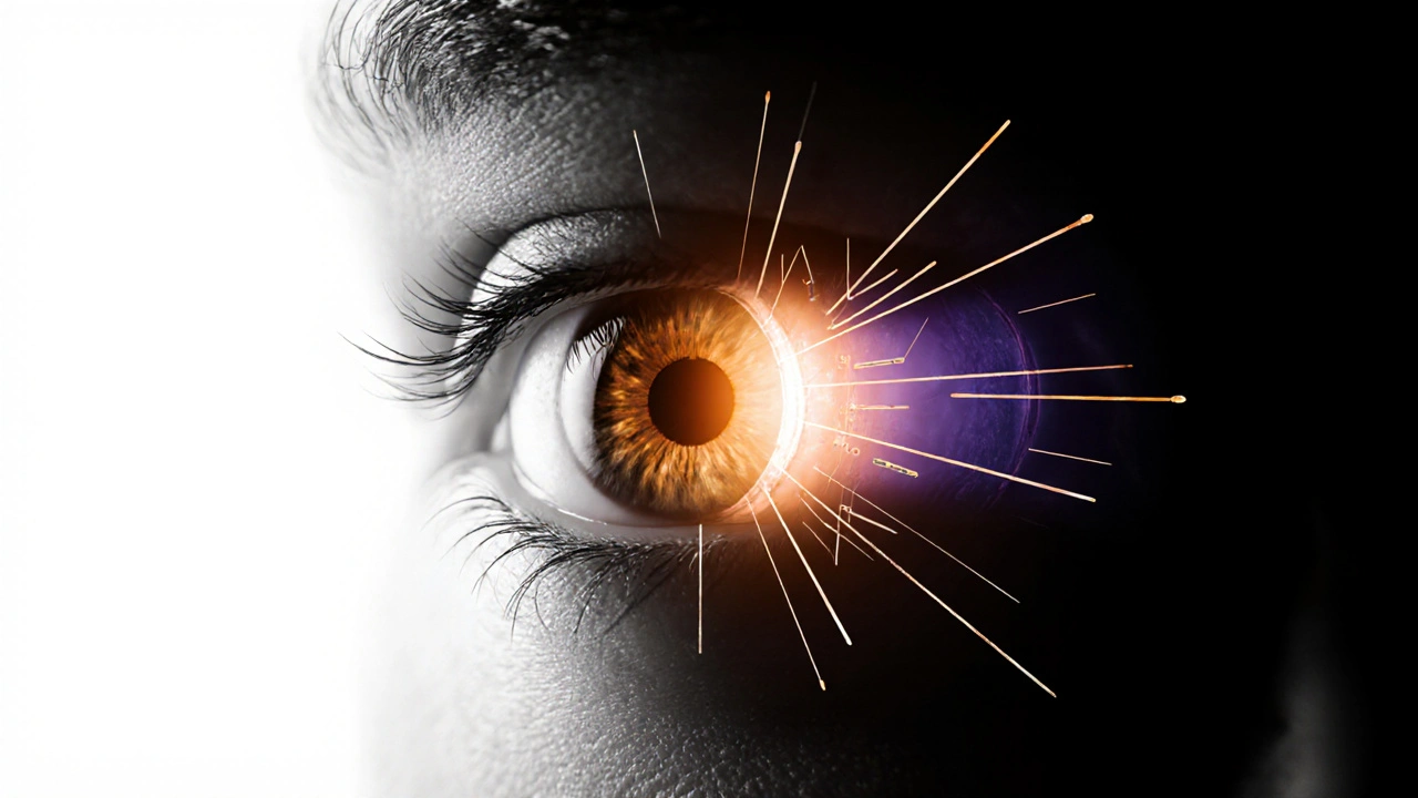 Cross‑section of an eye showing Bimatoprost receptors and iris darkening with amber accents.