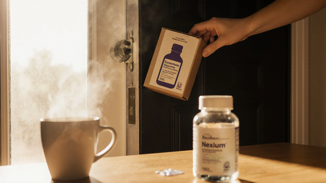 Delivery box on a doorstep with generic medication, hand receiving it, and opened pill bottle on a table.