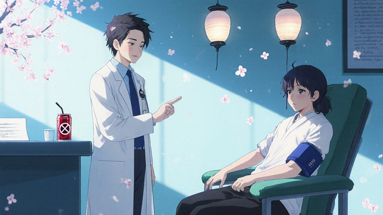 Doctor advising a patient measuring blood pressure, with an energy drink rejected, ukiyo-e anime.