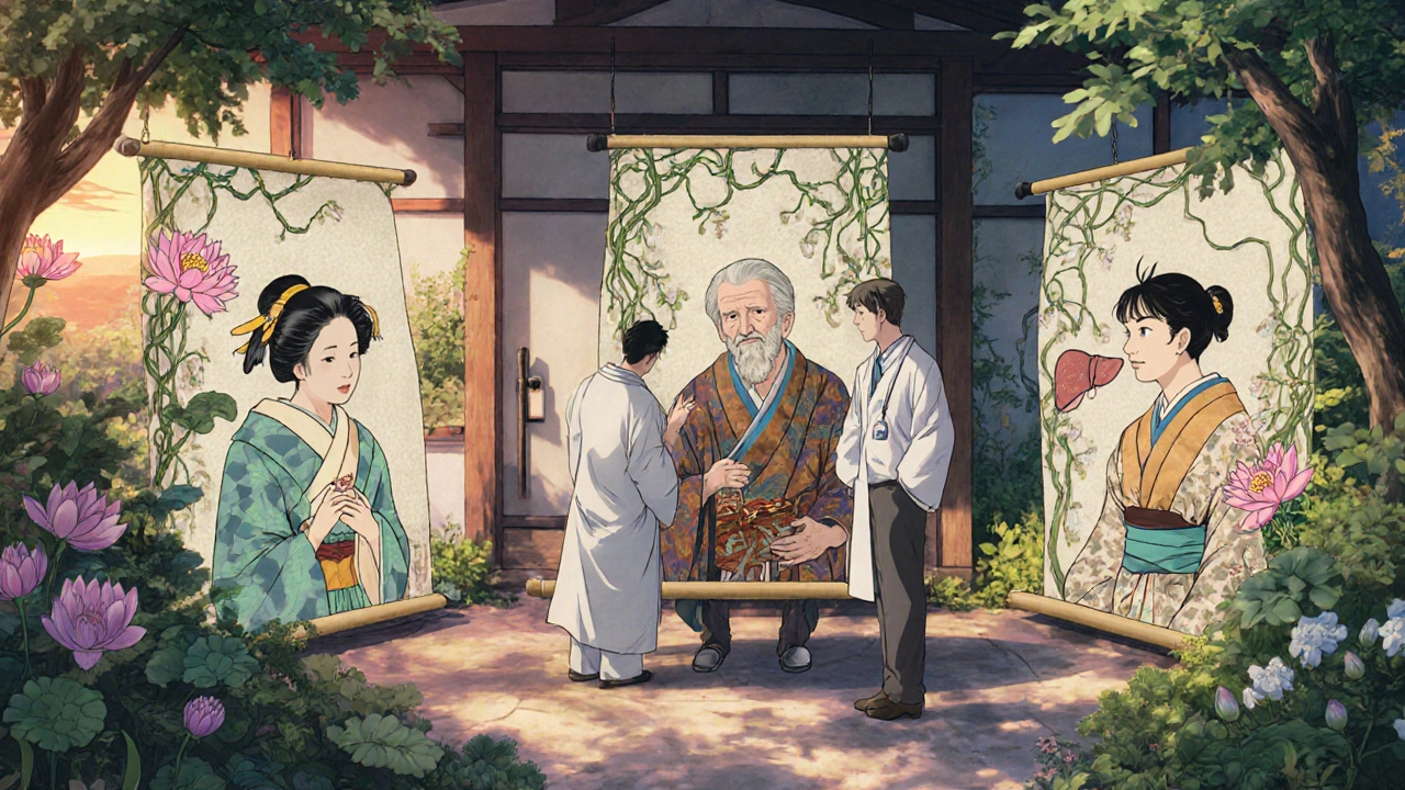 Doctor advising pregnant, elderly, and liver‑impaired patients in a garden setting.