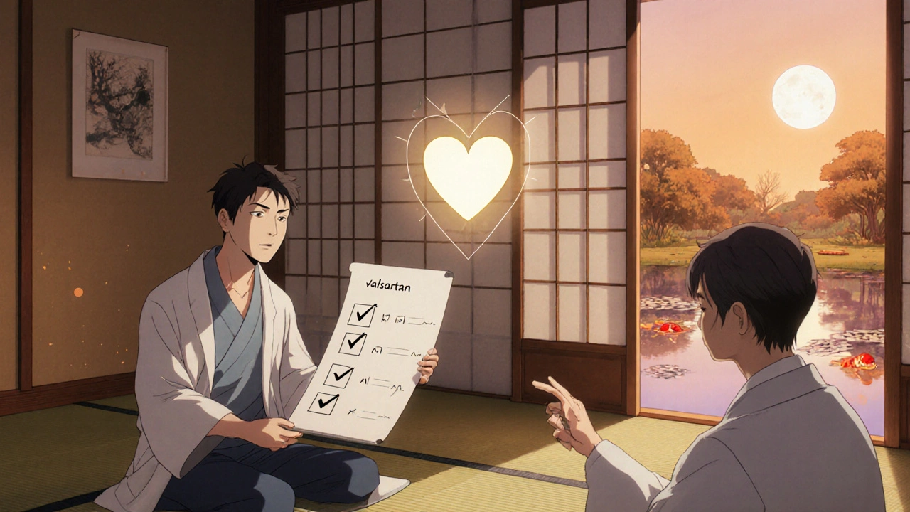 Doctor and patient discussing heart health with Valsartan symbol nearby.
