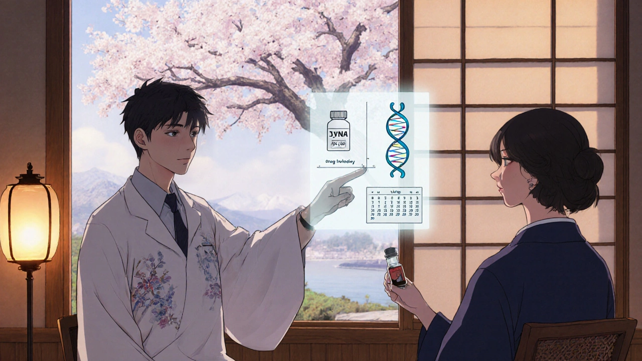 Doctor and patient discussing medication management, with icons of pills, DNA, and calendar in a serene ukiyo‑e inspired clinic.