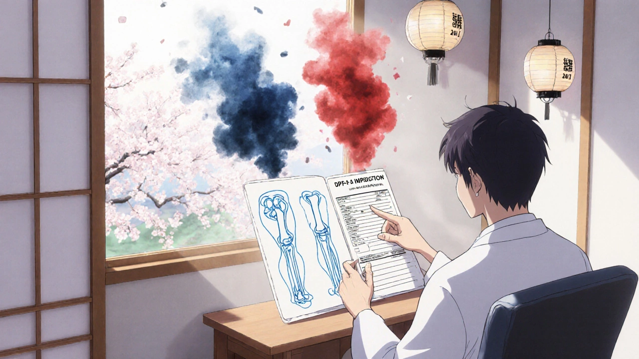 Doctor and patient reviewing joint diagrams with pain depicted as dark ink clouds in a quiet room.