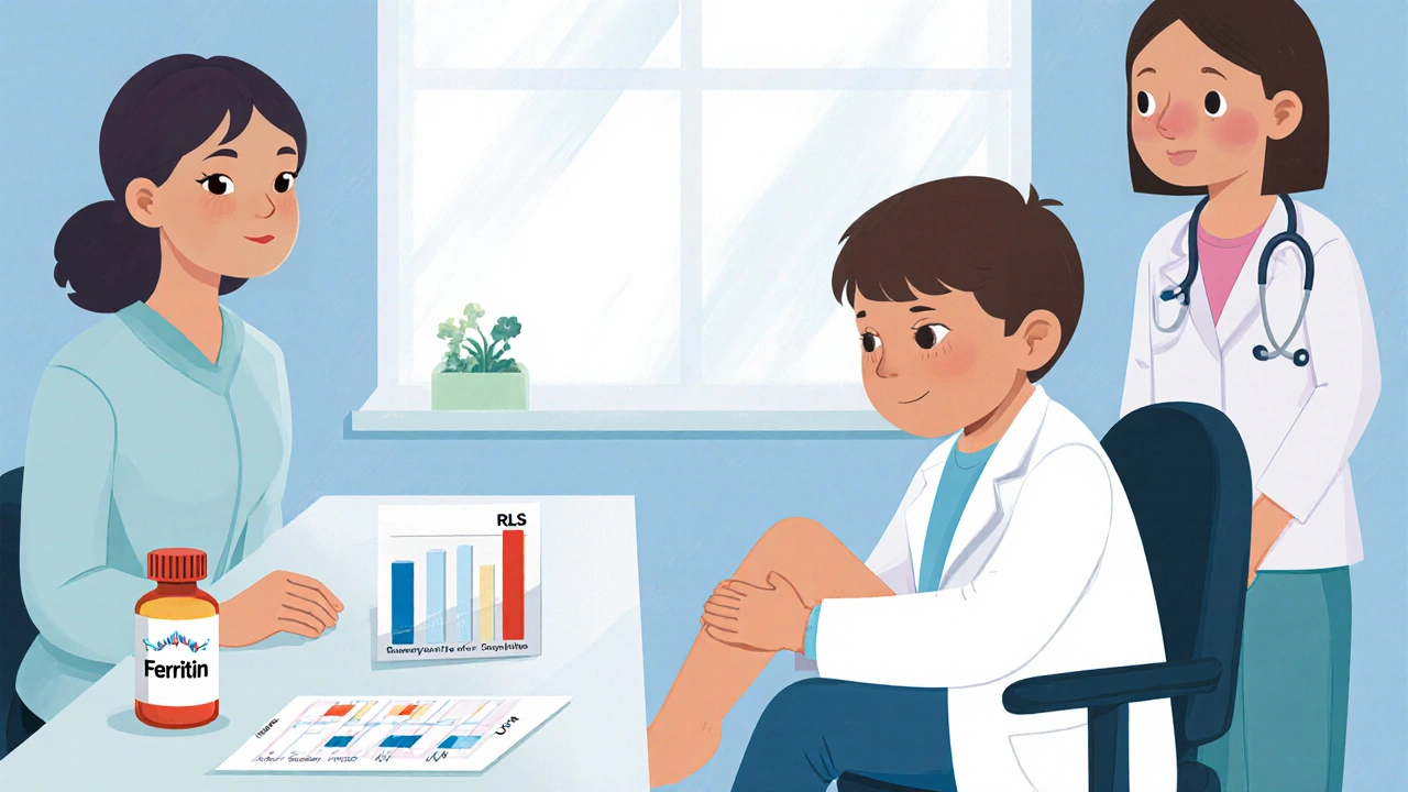 Doctor examining child's legs with blood test vial and low ferritin chart in office.