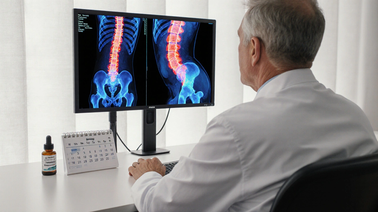 Doctor reviewing a DXA bone density scan with patient, calendar and supplement bottle nearby.