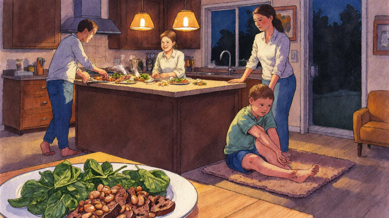 Family preparing iron‑rich dinner while child stretches calves, illustrating treatment.