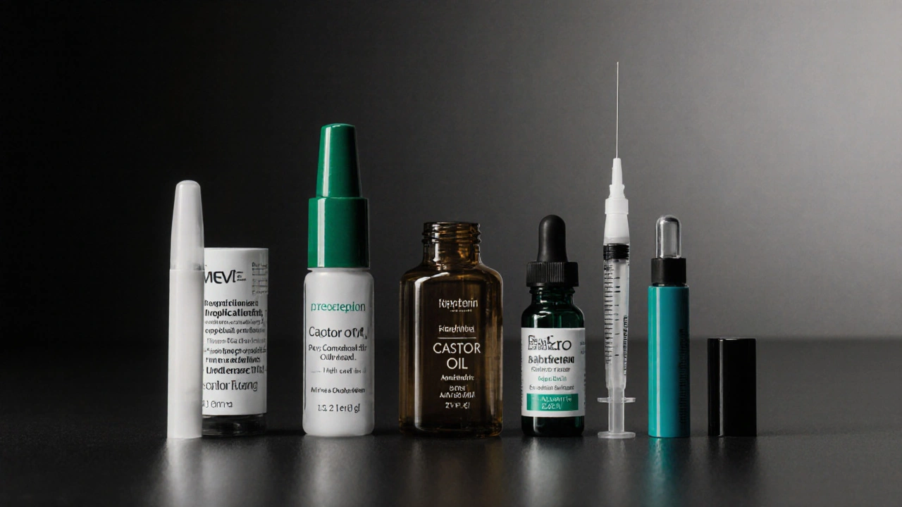 Five eyelash‑growth products displayed on a dark surface with individual color accents.