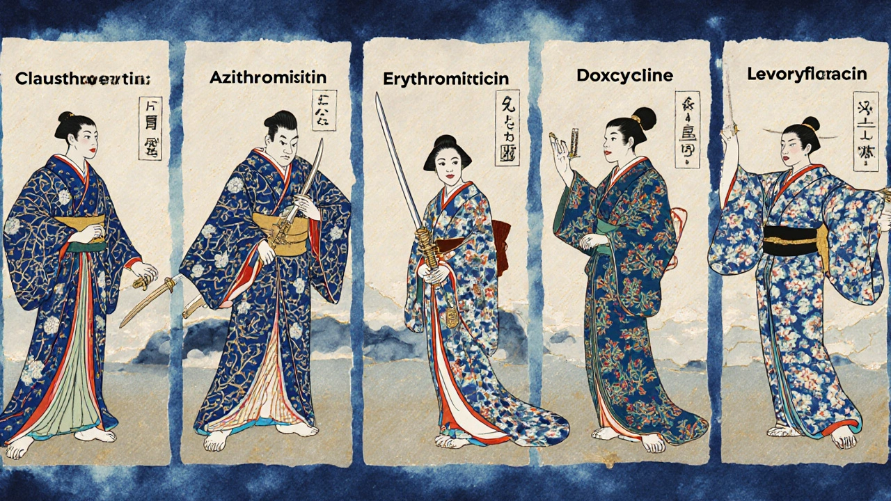 Five stylized characters in kimono represent different antibiotics in comparison panels.