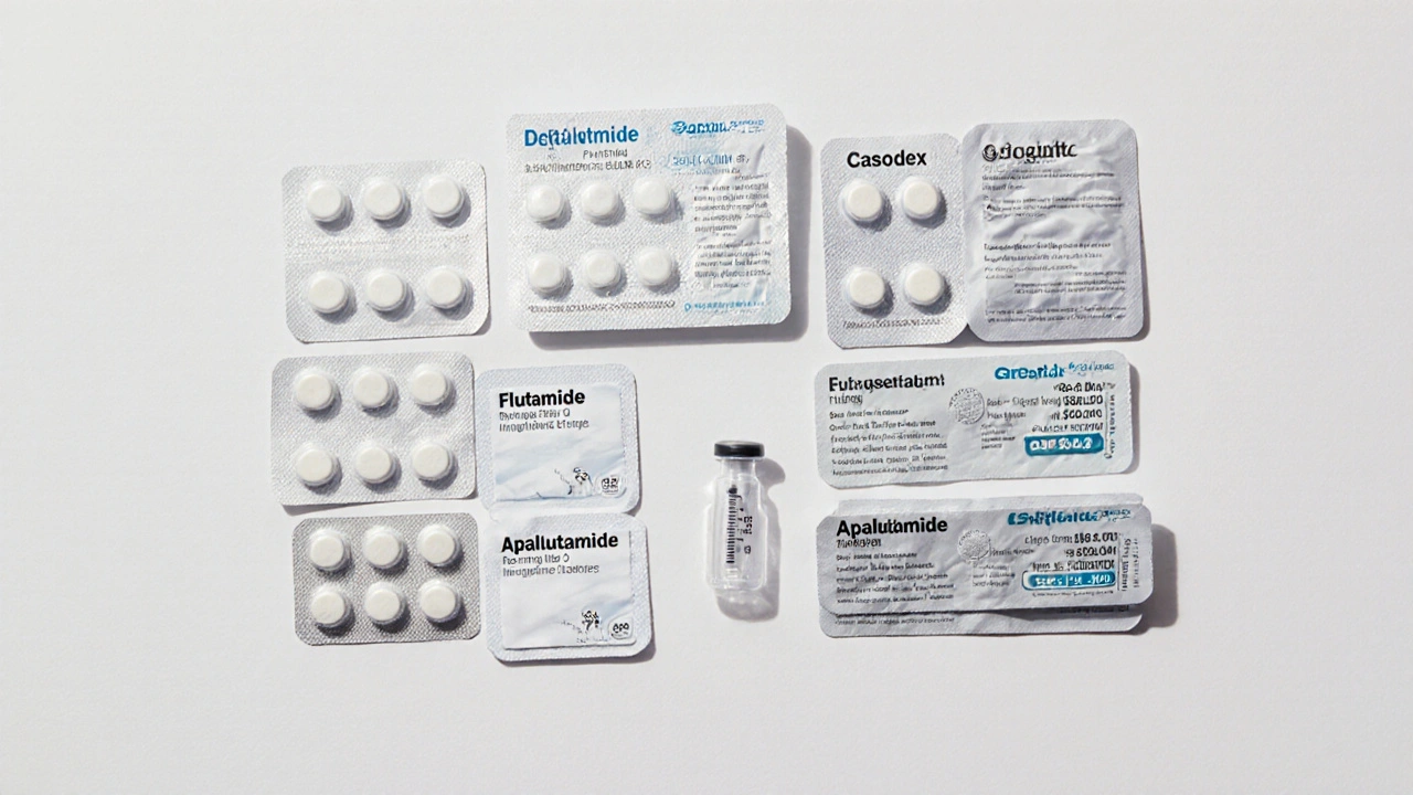 Flat‑lay of multiple antiandrogen pill packs and a syringe for Degarelix on a white surface.