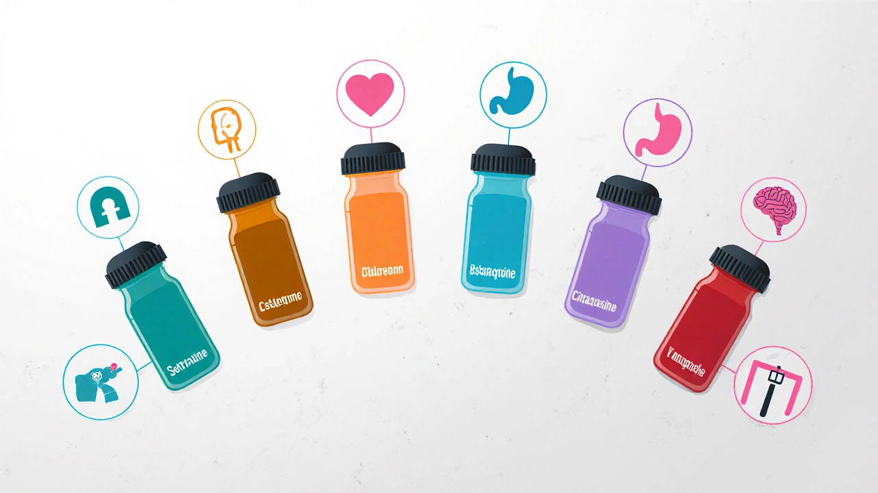 Flat‑lay of seven colored pill bottles each paired with side‑effect icons.