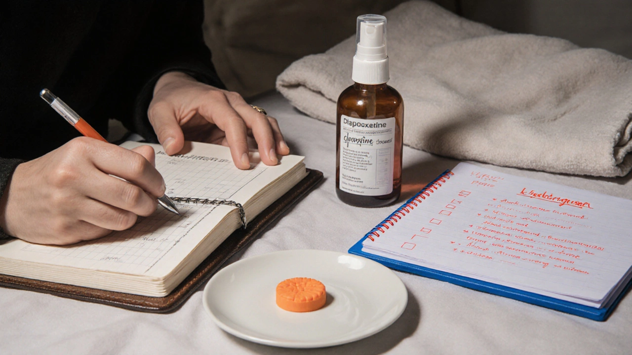 Hand writing in journal with dapoxetine pill, spray bottle, and therapist notes on table, warm accent highlight.
