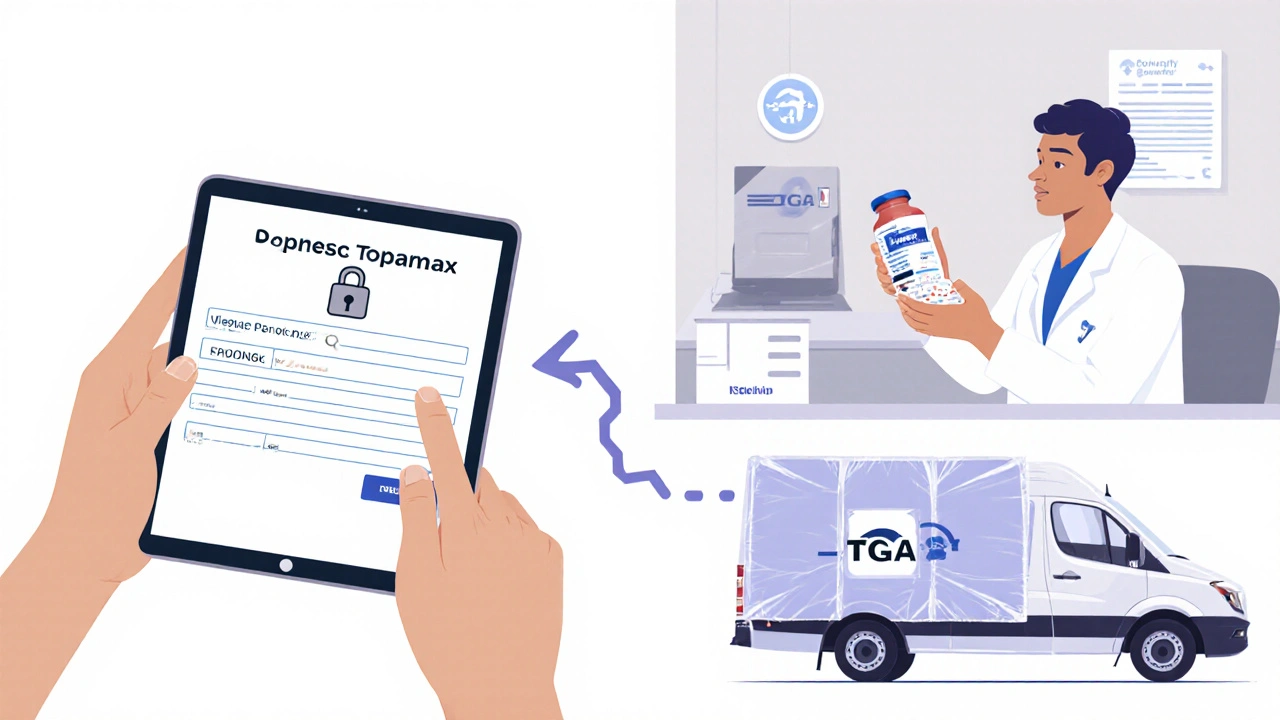 Hands uploading a prescription on a tablet, pharmacist with medication, and courier packing a parcel.