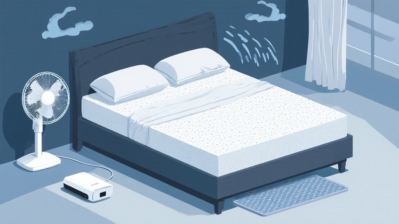 Ideal sleep setup with mattress, pillow, fan, white-noise device, and vibrating pad.