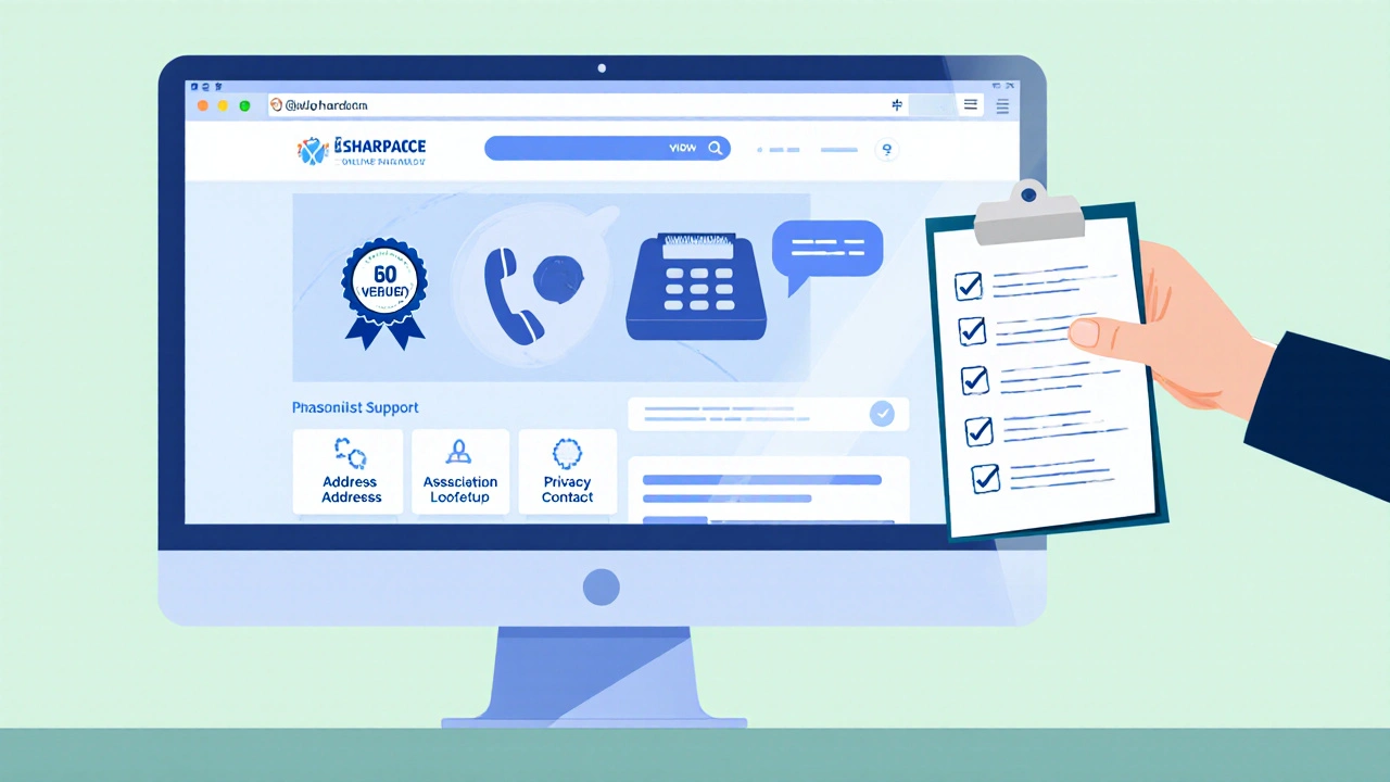 Illustration of a computer screen showing a verified pharmacy page with a prescription and checklist icons.