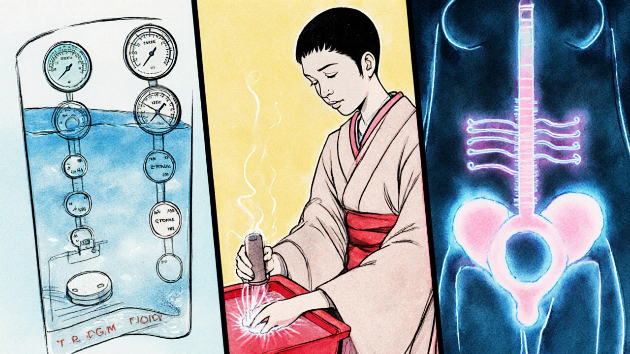 Illustration of cystometry, pressure‑flow study, uroflowmetry, EMG, and video urodynamics in one scene.