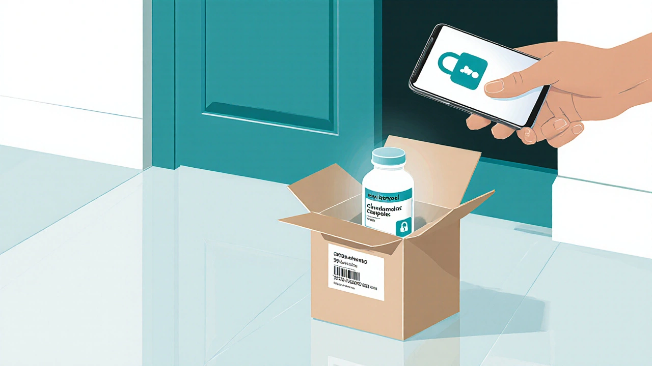 Minimalist scene of a delivery box open to reveal a clindamycin bottle and hands checking payment.