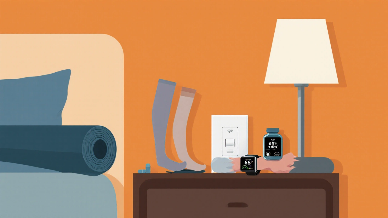 Nightstand displaying yoga mat, stockings, supplement bottle, thermostat, and sleep tracker.