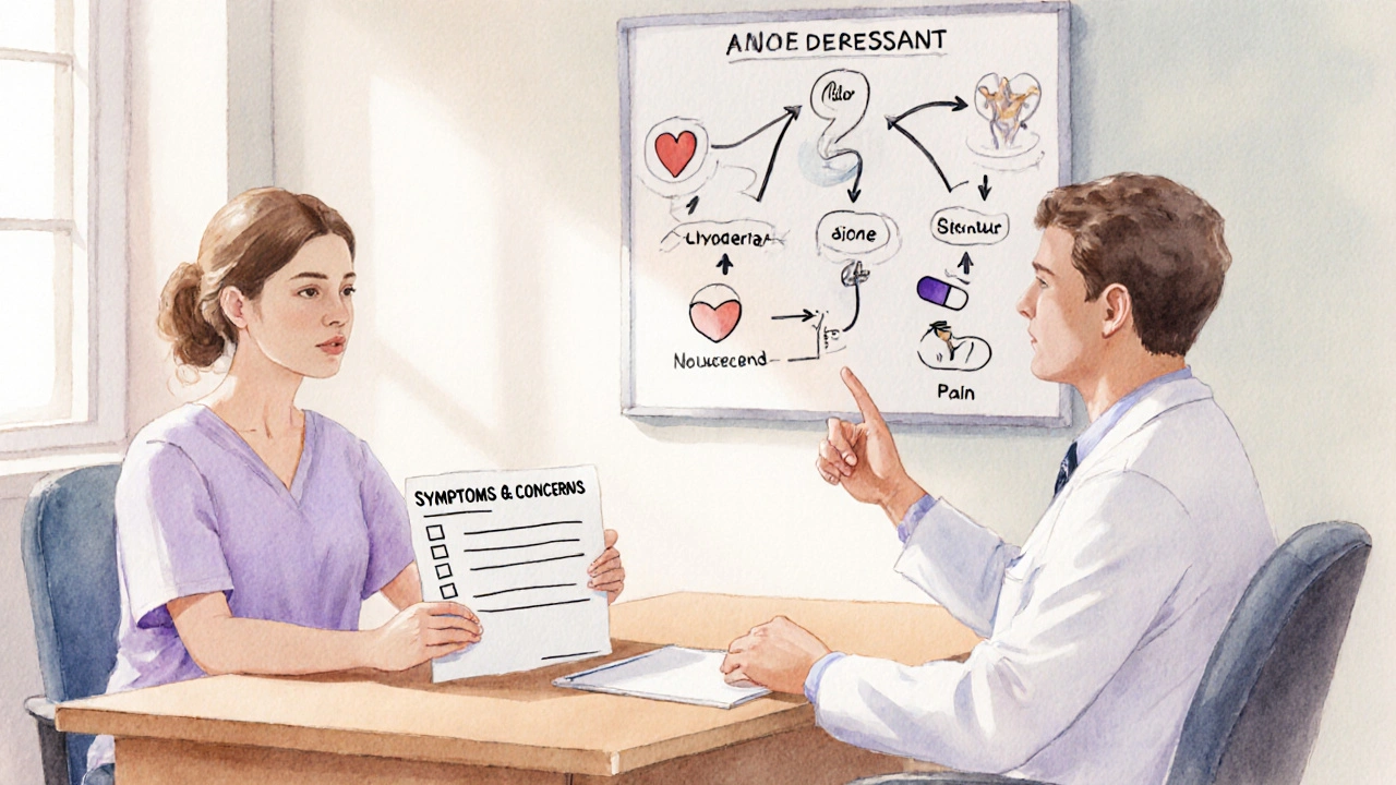 Patient and doctor discussing a symptom checklist in a soft watercolor clinic.