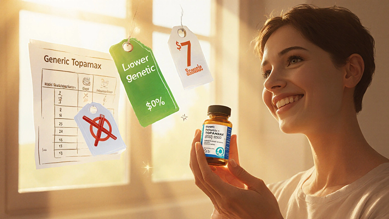 Patient holding generic Topamax bottle with price tags showing brand versus generic cost.