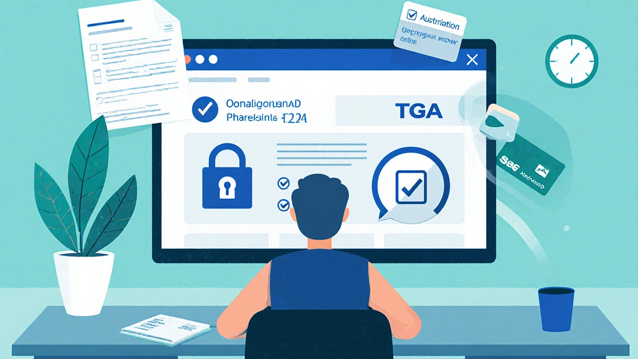 Person using a laptop to shop for medication, showing secure lock, TGA badge, and pharmacist chat.