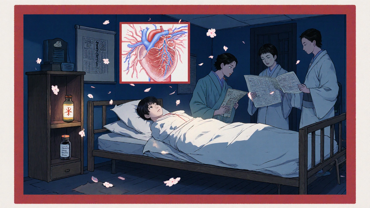 Post‑heart‑attack patient with Valsartan bottle and healed heart illustration.
