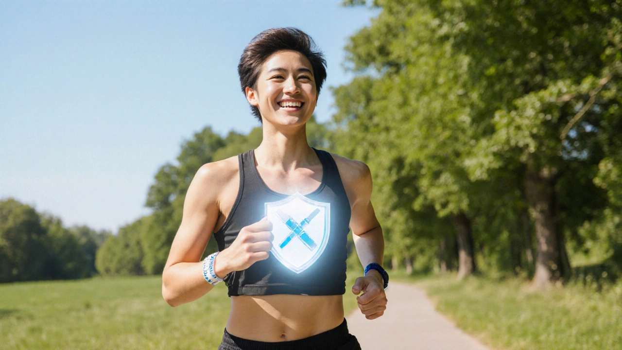 Runner in park with a glowing shield aura, indicating full‑day allergy protection.