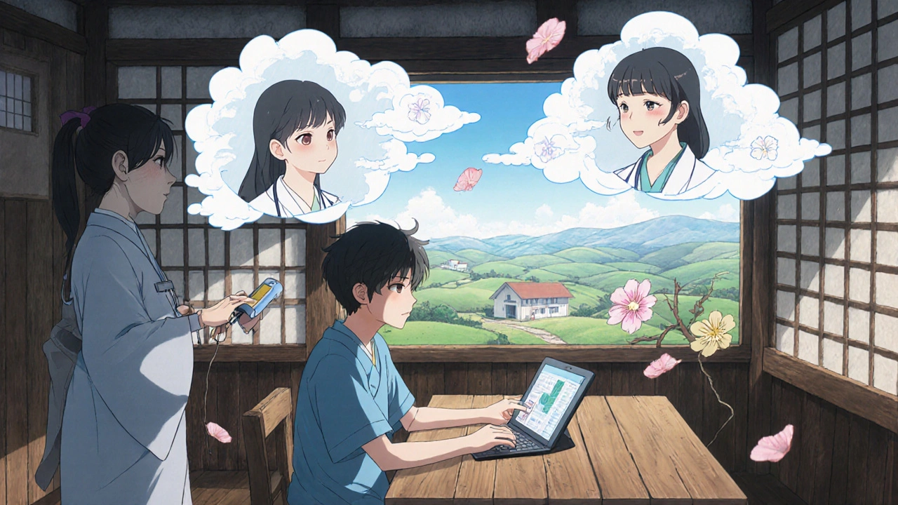 Rural family uses tablet for telemedicine consultation with a doctor.