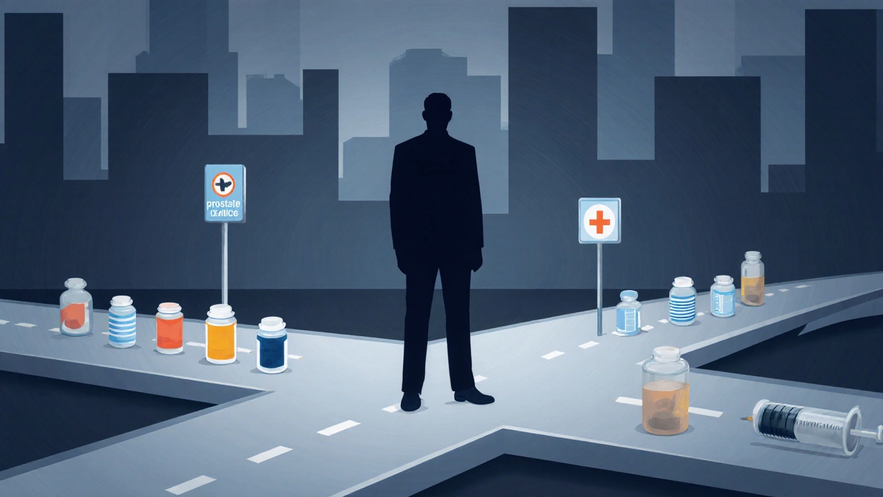 Silhouette of a man standing at a fork, one path of pills, the other a syringe, symbolizing treatment choice.