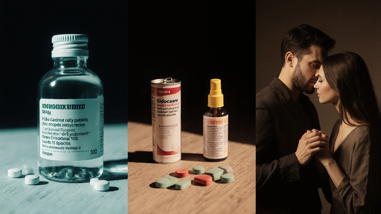 Split scene of dapoxetine capsules, daily SSRIs, lidocaine spray, sildenafil tablet, and couple practicing stop‑start.
