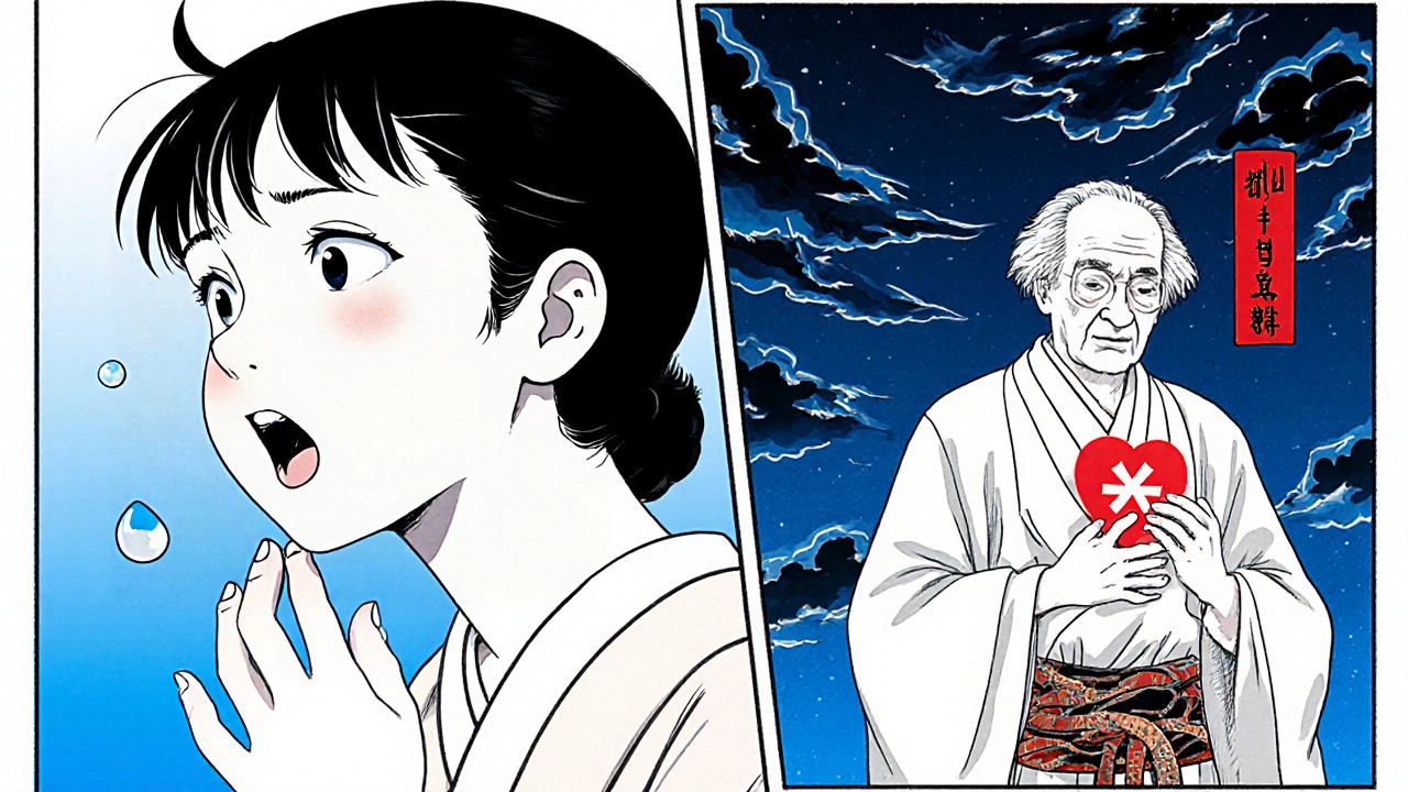 Split-scene showing dry mouth, constipation on left and hypertension, heart rhythm issues on right.