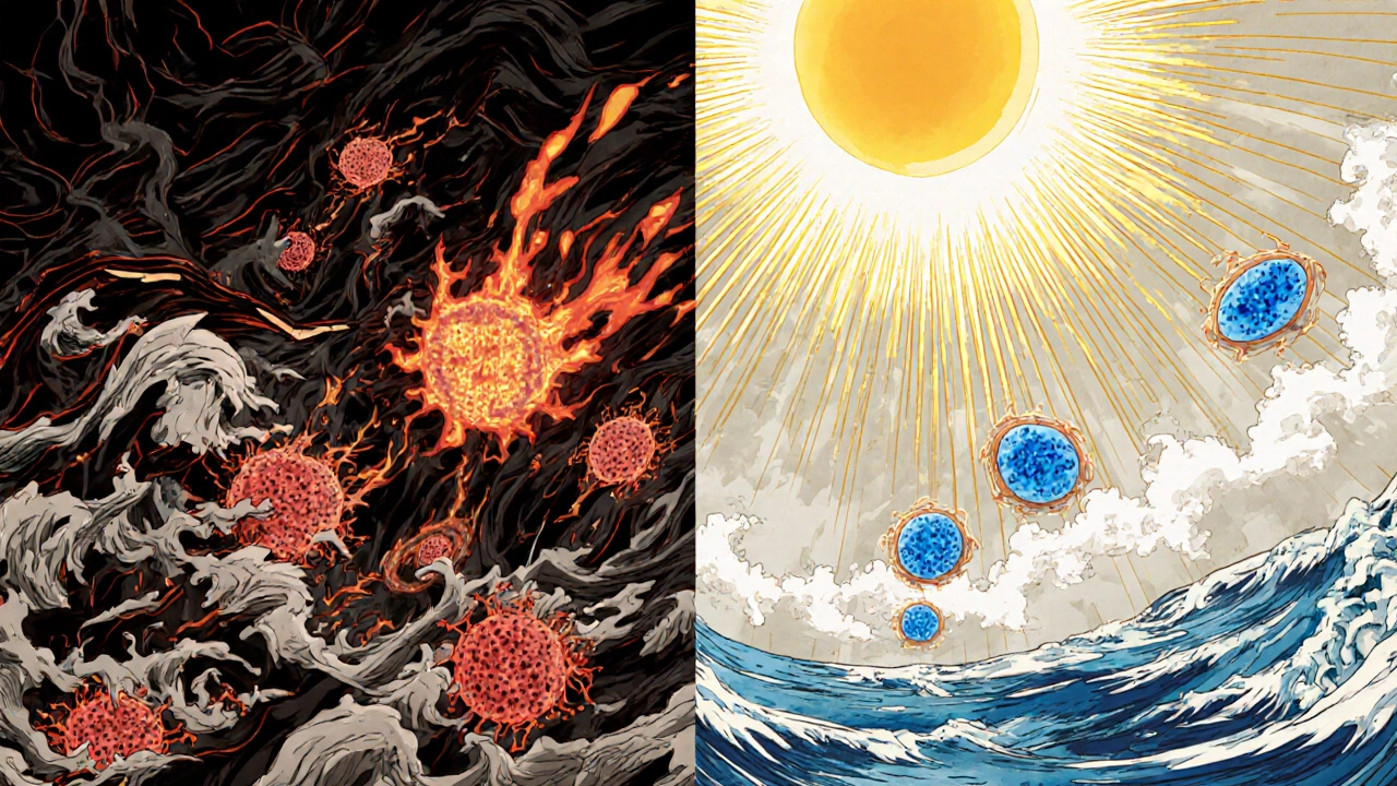 Split-screen: chaotic immune attack vs. peaceful resolution guided by calcipotriol's golden light.