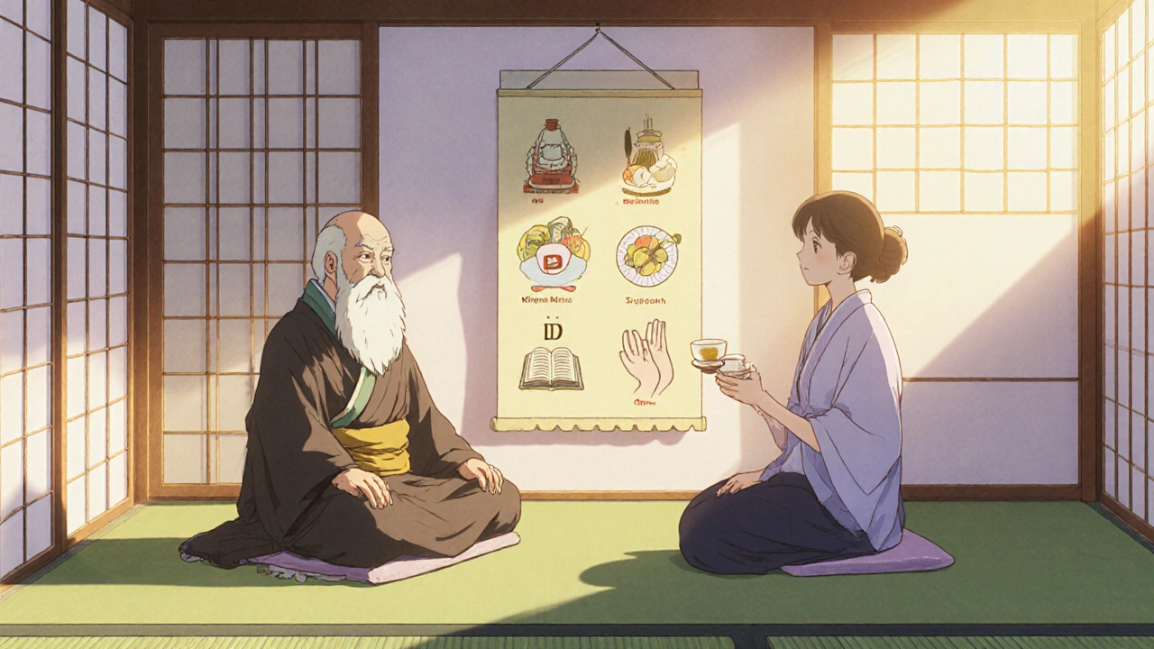 Therapist and patient in a tatami room with icons for medication, nutrition, CBT, and support groups.