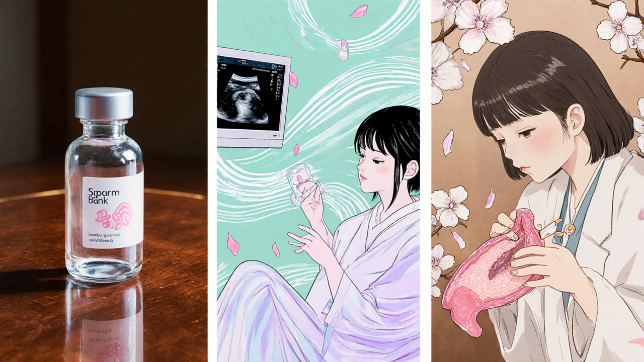 Three panels show sperm banking, egg freezing, and ovarian tissue removal procedures.