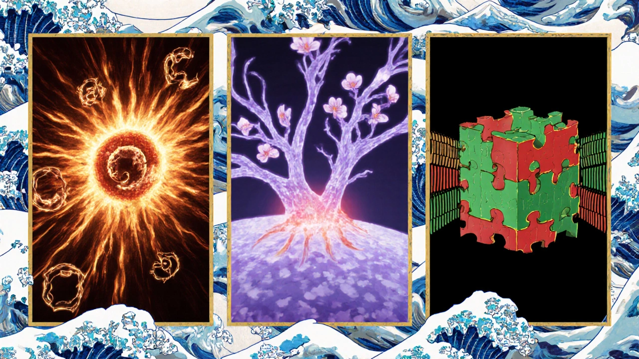 Three panels showing liver enzyme induction, receptor down‑regulation, and ion‑channel subunit changes in anime ukiyo‑e style.