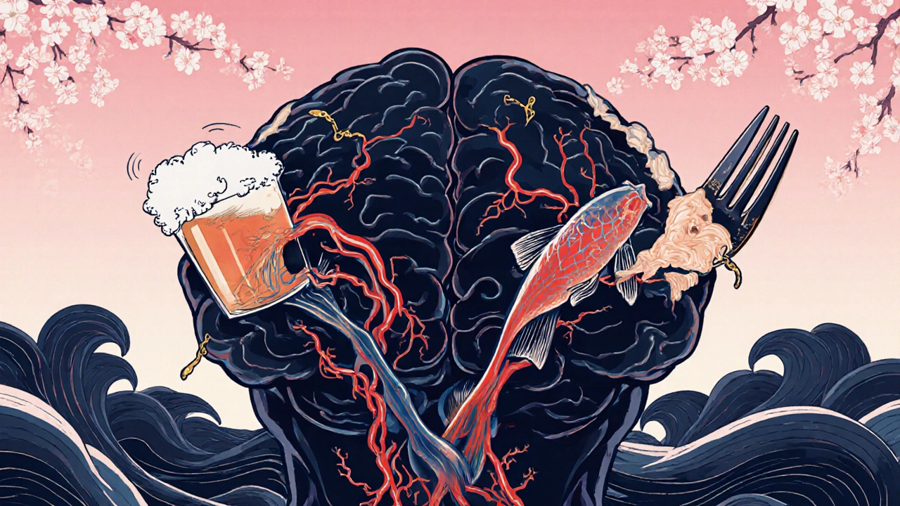 Ukiyo‑e brain waves with glowing dopamine and serotonin paths linking alcohol and food symbols.