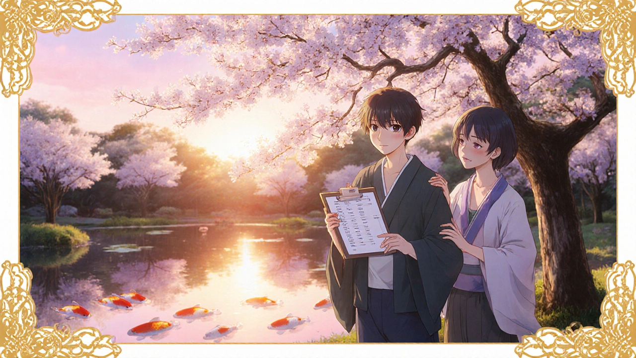 Young adult smiles with hormone results in a sunrise garden, supported by a friend.