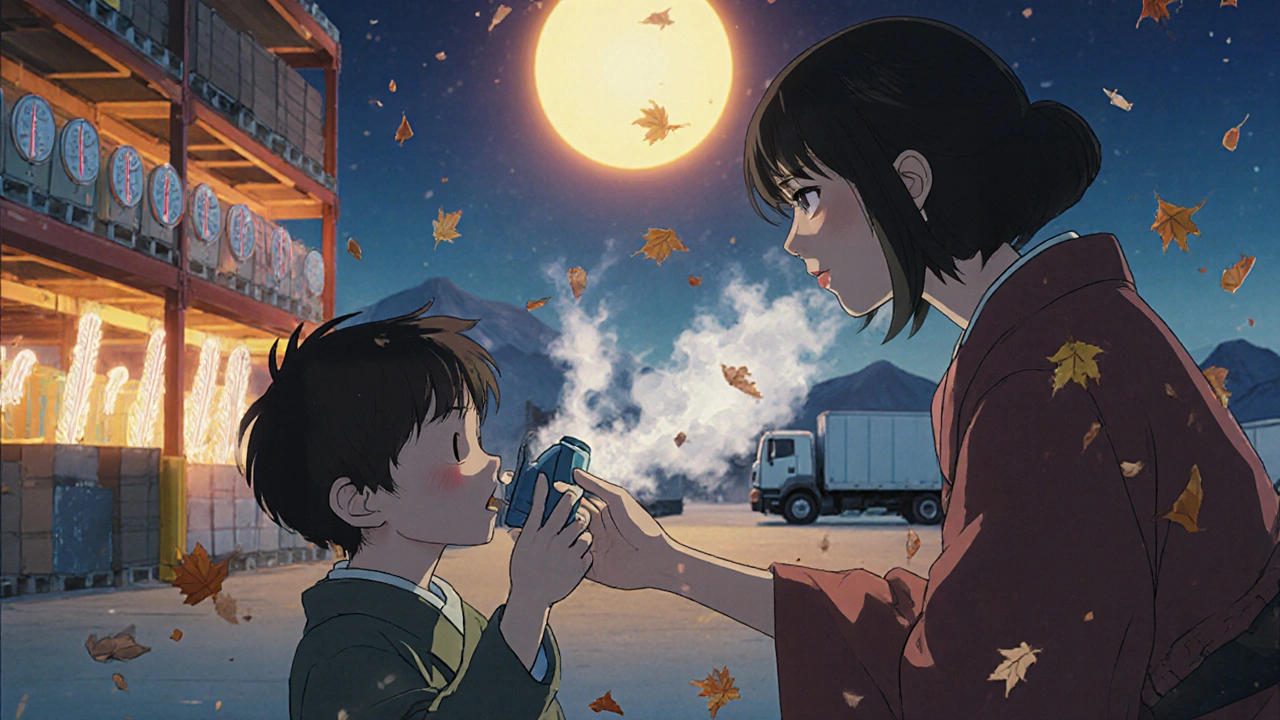 A child using an inhaler with uneven mist, while heat spikes on warehouse thermometers in the background.