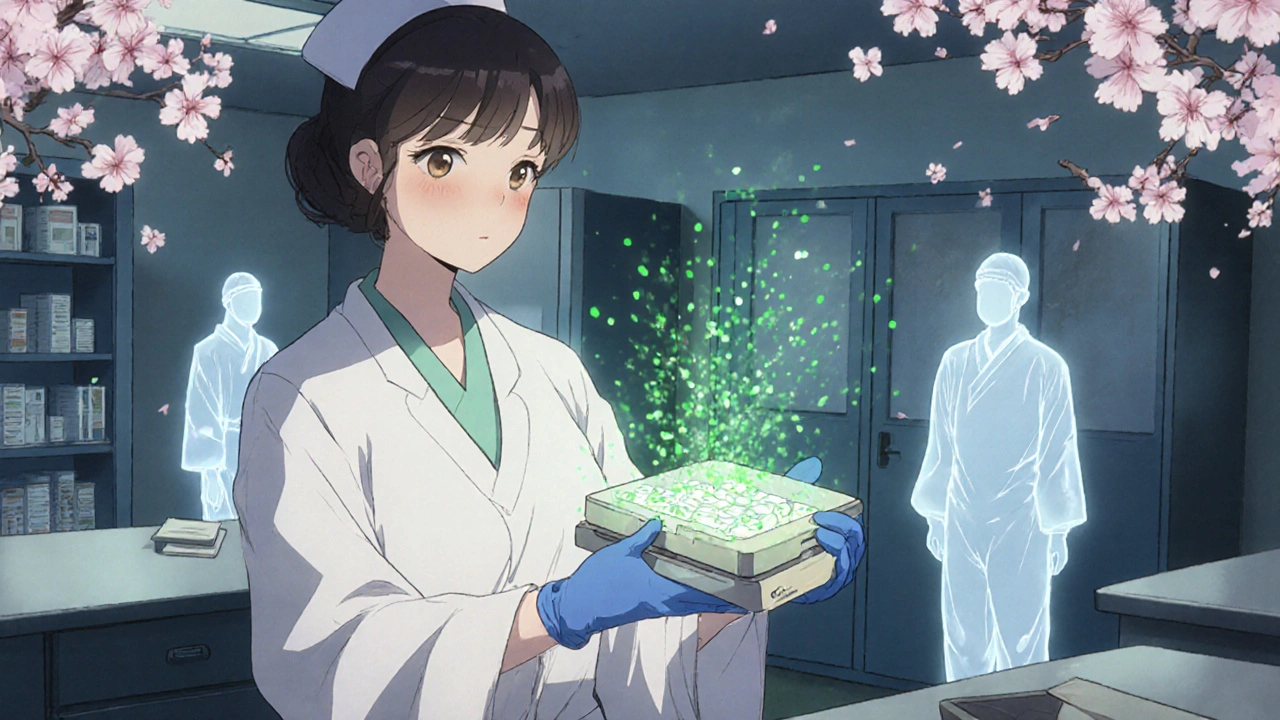 A nurse safely handling chemotherapy drugs using a closed-system transfer device in a pharmacy.