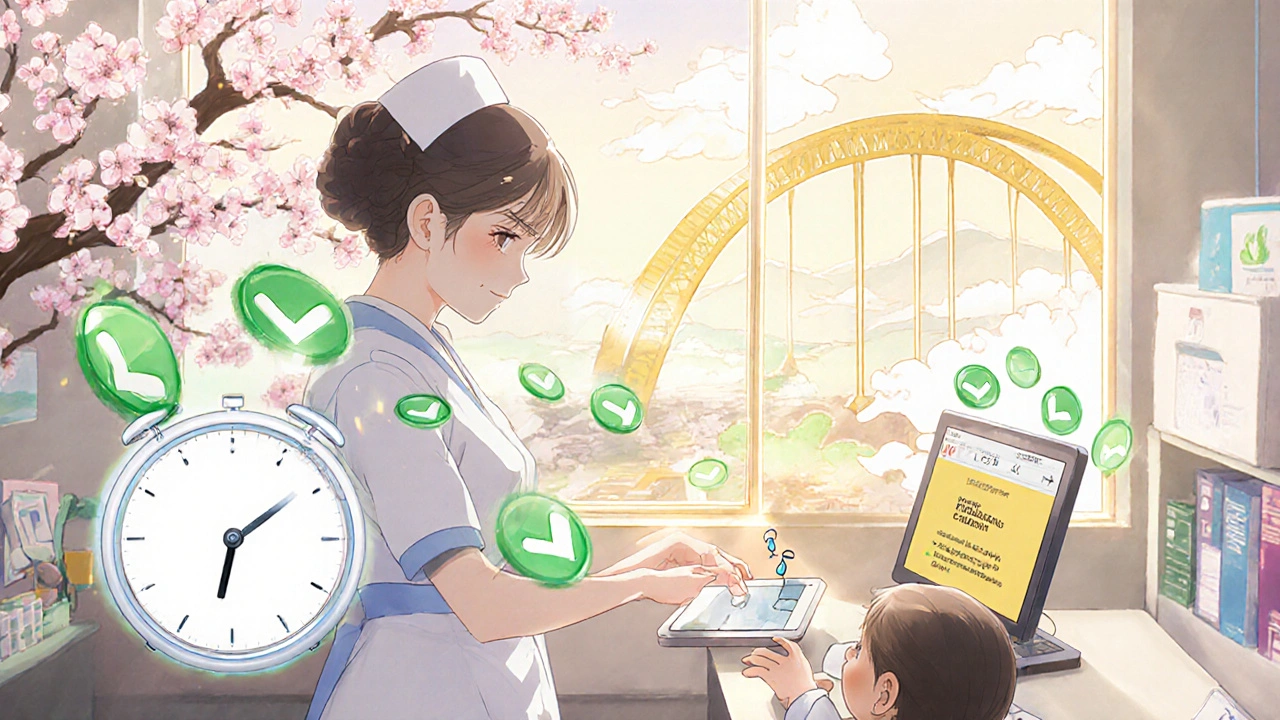 A nurse sends an electronic authorization request as green checkmarks float around, cherry blossoms blow in, golden bridge connects clinic to pharmacy.