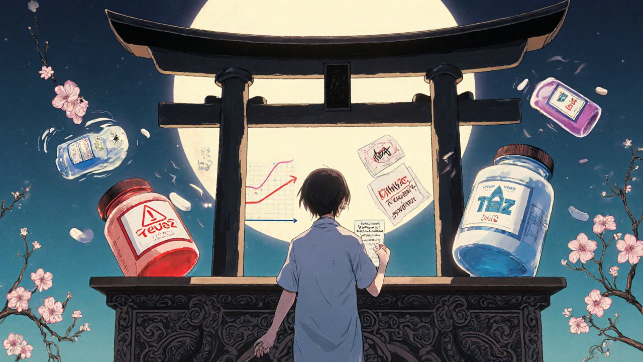 A patient reaching for a prescription note as floating pill bottles swirl around a pharmacy gate, with moonlit graphs and blossoms.