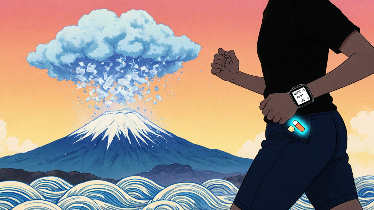 A person jogging at dawn with glowing diabetes meds in their pocket, as a storm cloud shaped like a harmful pill dissolves above.