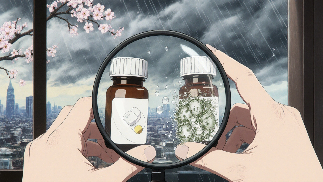 A pharmacist examining two pill bottles—one intact, one spoiled with mold blooms under magnification.