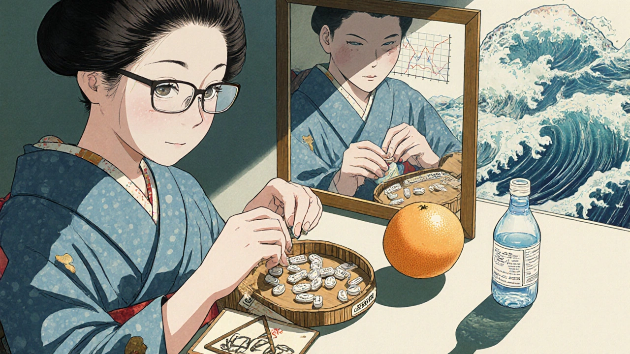 A pharmacist sorts pills into safe and dangerous categories, with grapefruit and tonic water floating ominously nearby.