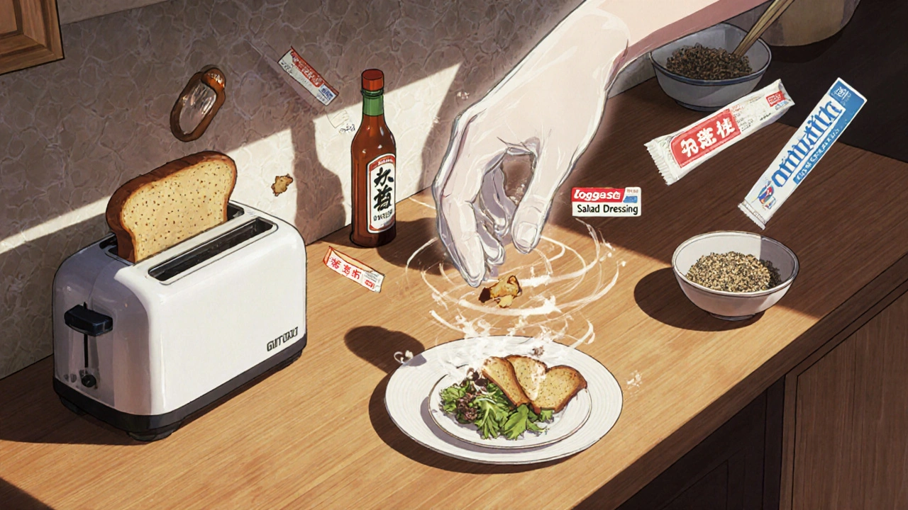 A single gluten crumb falling onto a gluten-free plate in a kitchen, surrounded by hidden gluten sources in brushstroke labels.