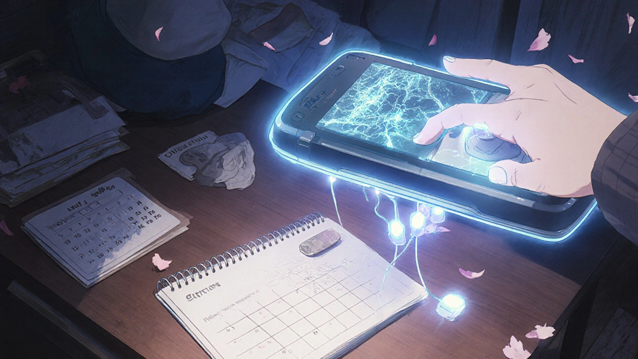 AI-powered TENS device projecting neural maps with sakura petals drifting beside used electrodes.