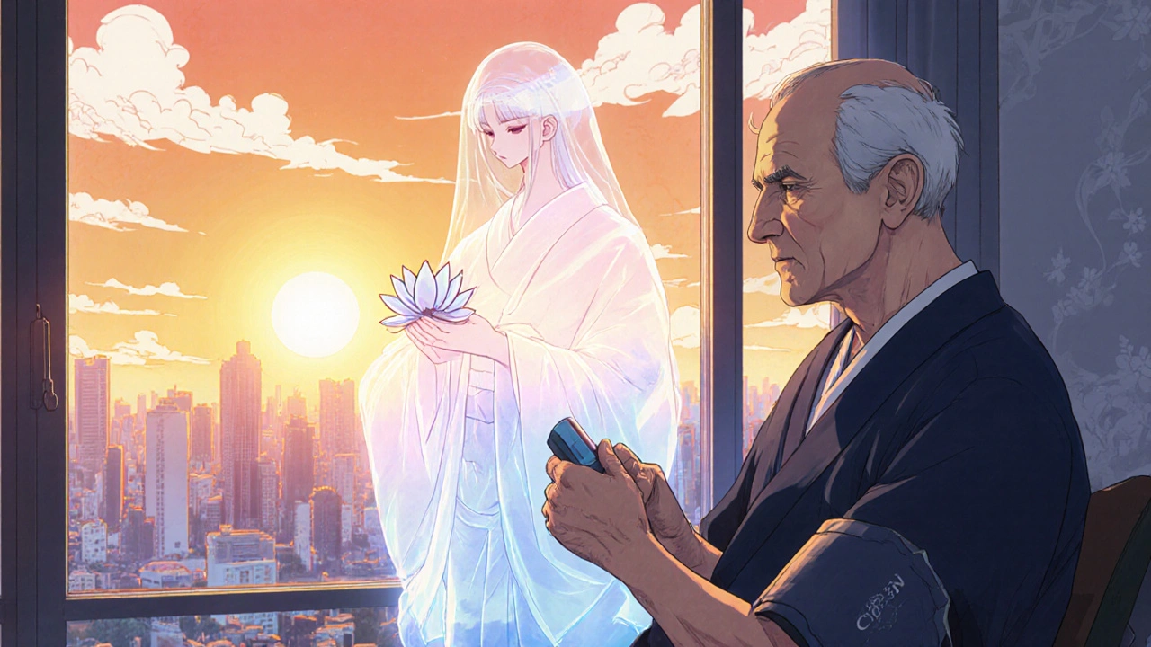 An elderly man’s coughing ghost fades as a lotus-shaped pill brings calm, sunrise lighting the room.